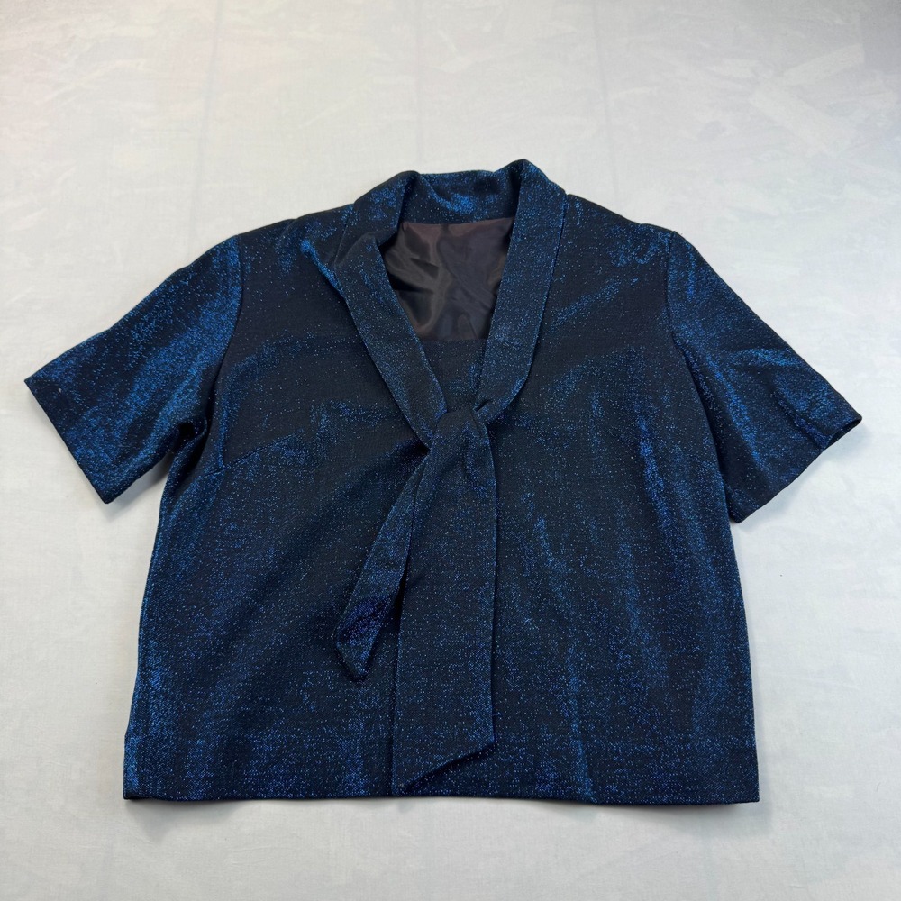 Vtg 70s ILGWU Blouse Top Women Large  Blue Metallic Shimmer Glitz Tie Neck